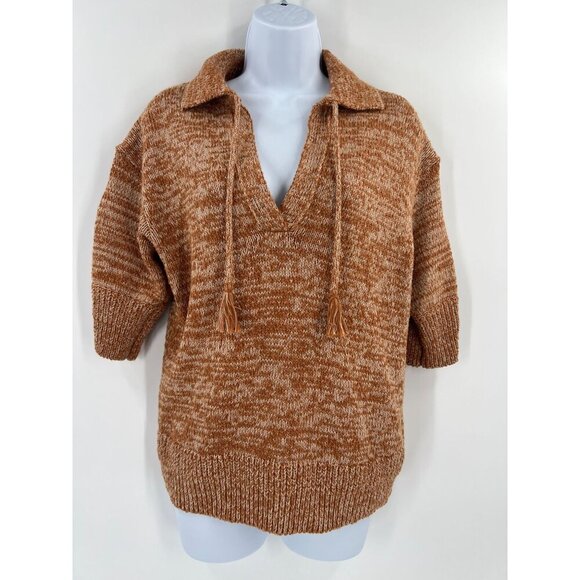 Anthropologie Carlotta Knit Pullover Sweater S Marled Brown Tie-Neck Polo Collar - Picture 11 of 11